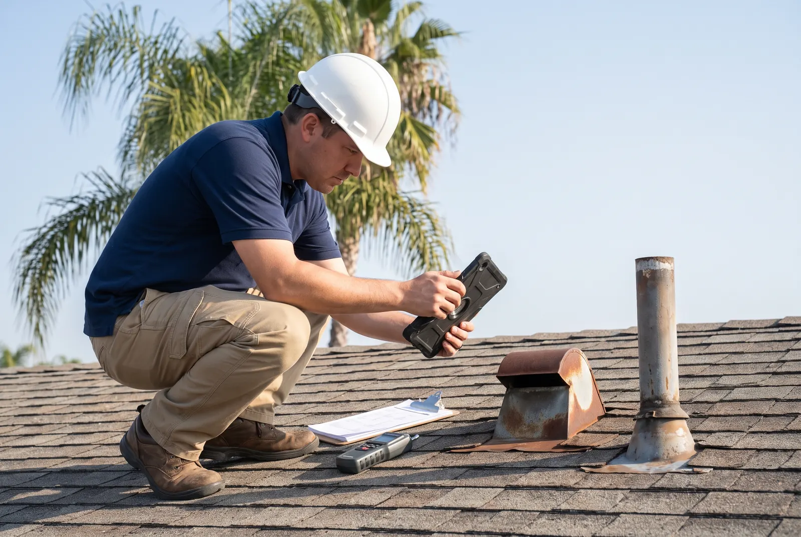 A roof inspector photographing findings on a Fort Myers roof
