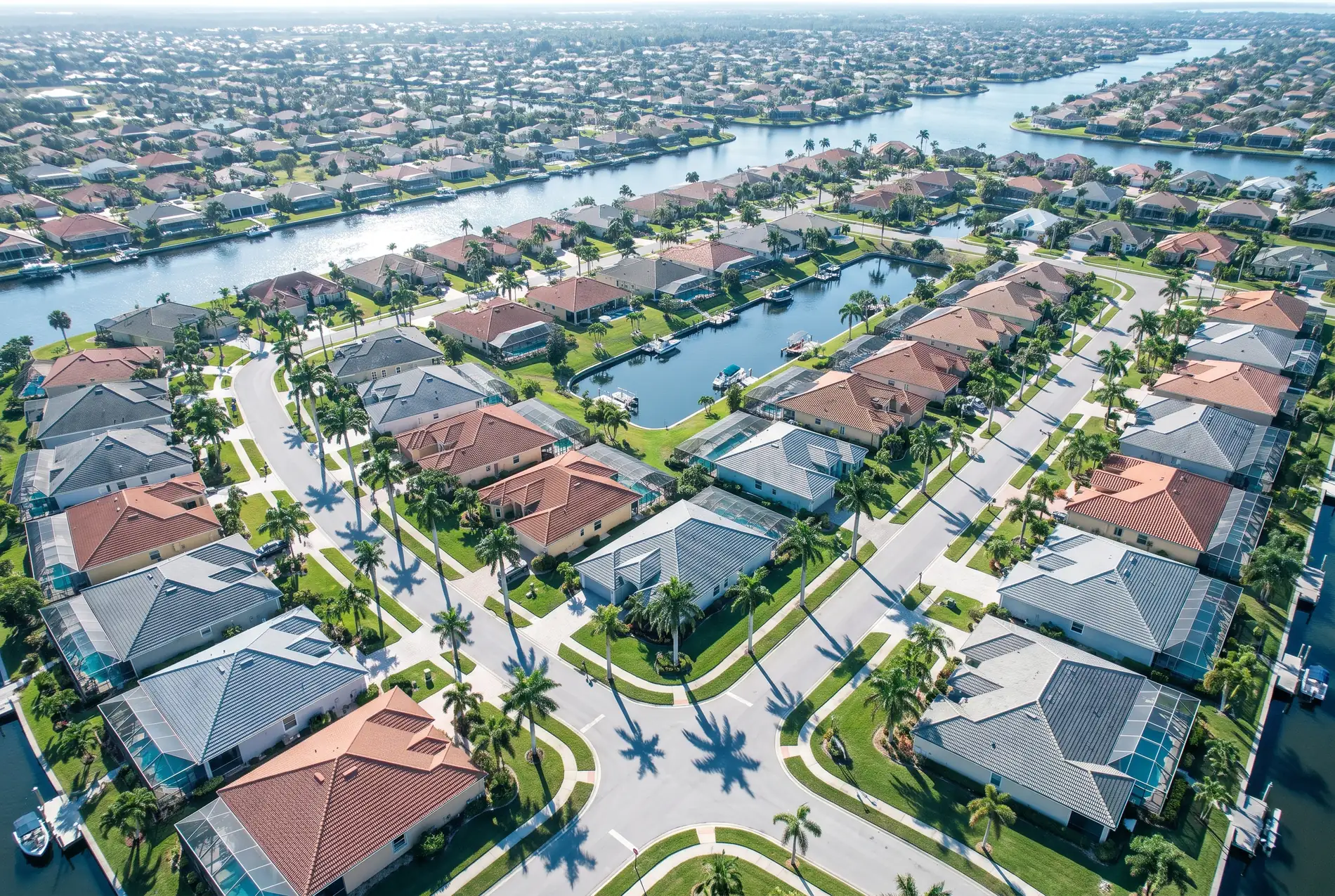 Aerial view of the Cape Coral canal grid and its roofs