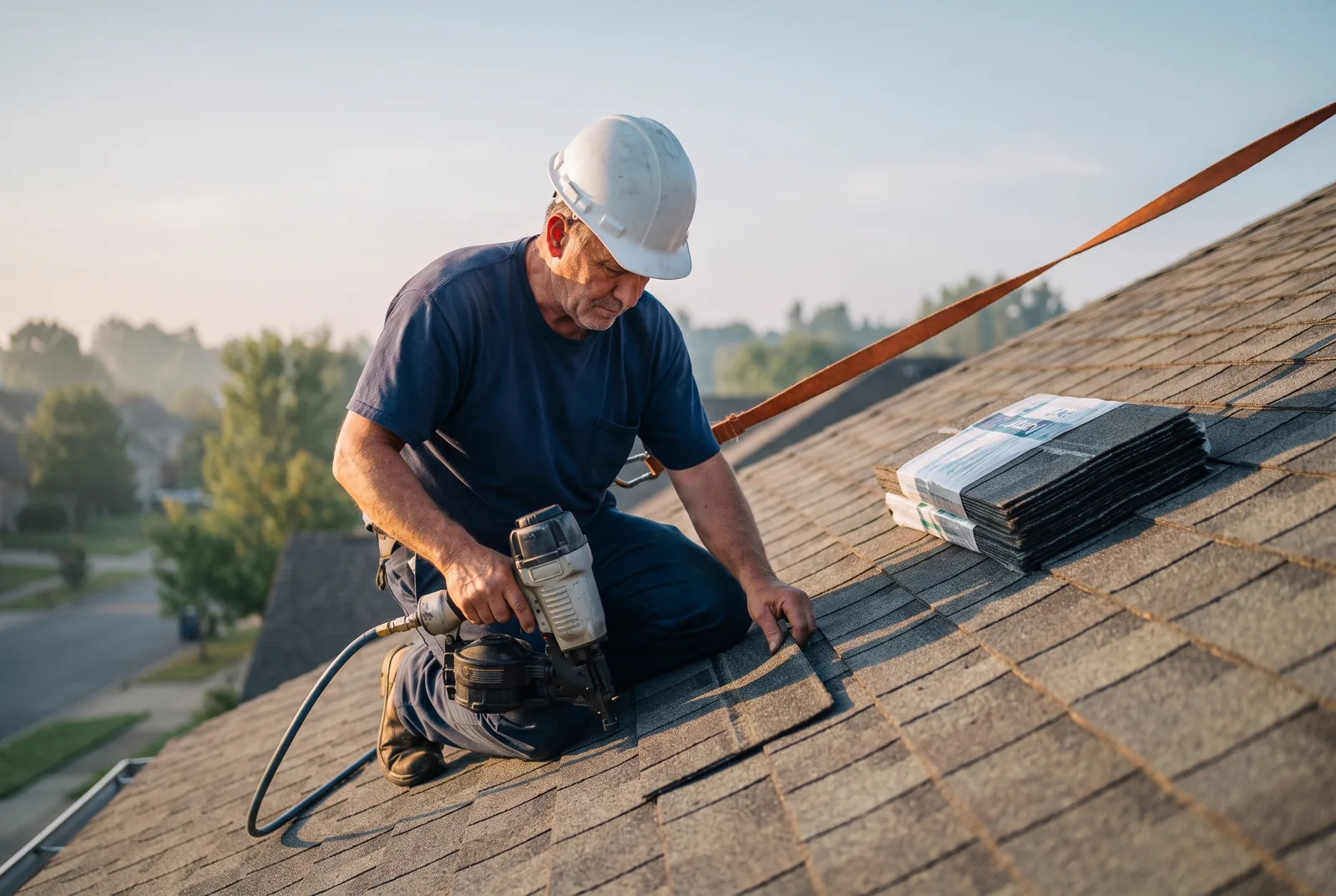 A roofer replacing a section of damaged shingles