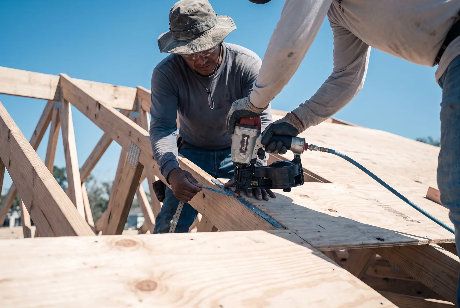 A roofer fastening decking over exposed trusses during a full replacement